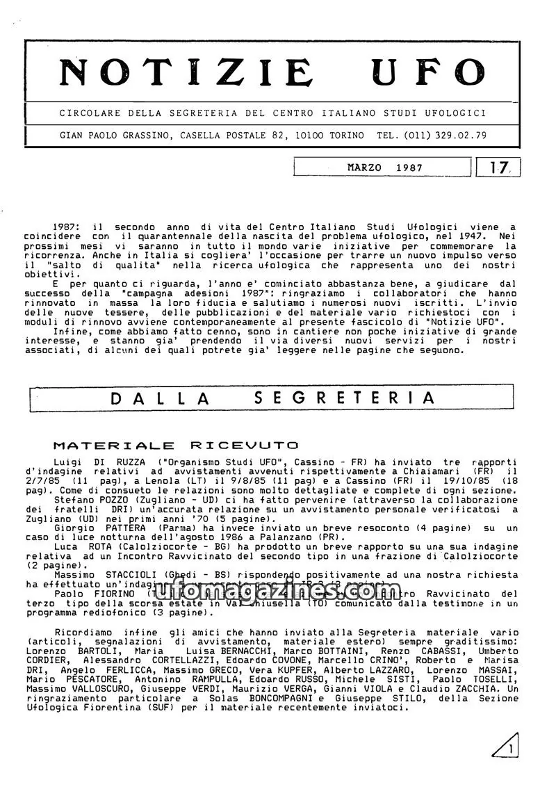 Cover of Notizie UFO (CISU) issue 17: NOTIZIE UFO