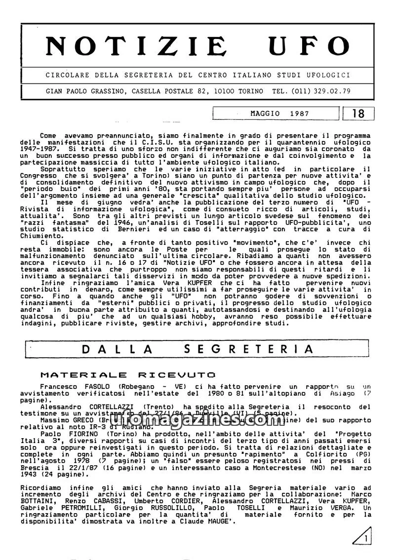 Cover of Notizie UFO (CISU) issue 18: NOTIZIE UFO