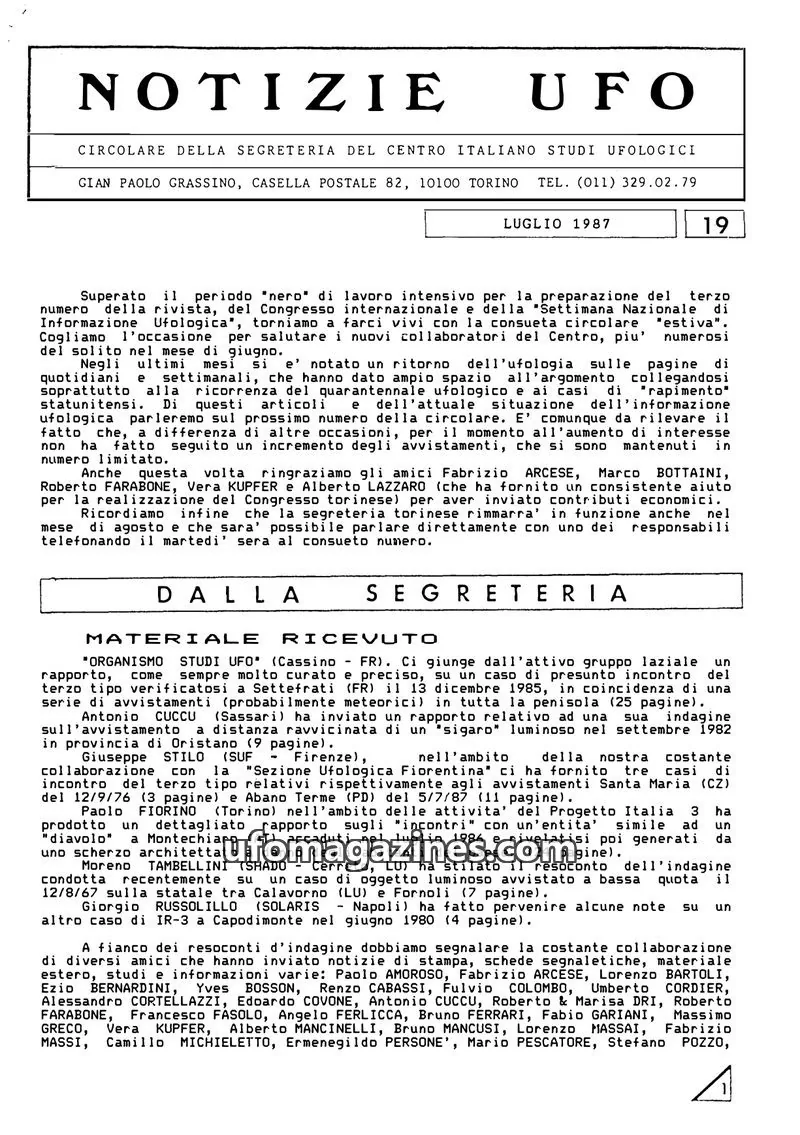 Cover of Notizie UFO (CISU) issue 19: NOTIZIE UFO