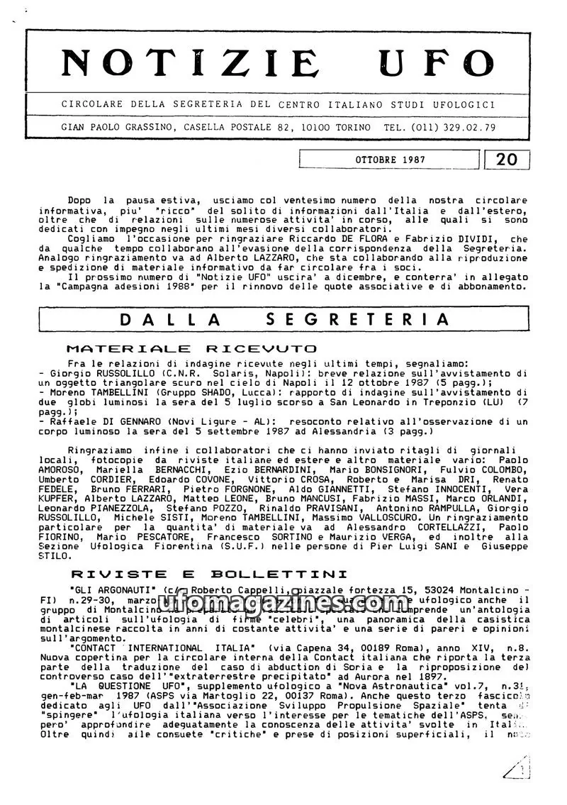 Cover of Notizie UFO (CISU) issue 20: NOTIZIE UFO