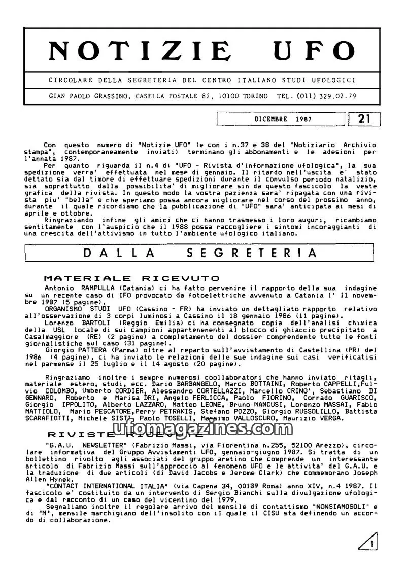 Cover of Notizie UFO (CISU) issue 21: NOTIZIE UFO