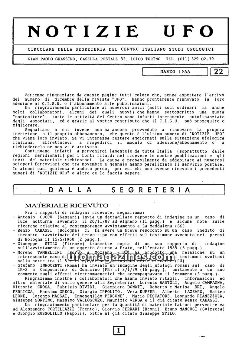Cover of Notizie UFO (CISU) issue 22: NOTIZIE UFO
