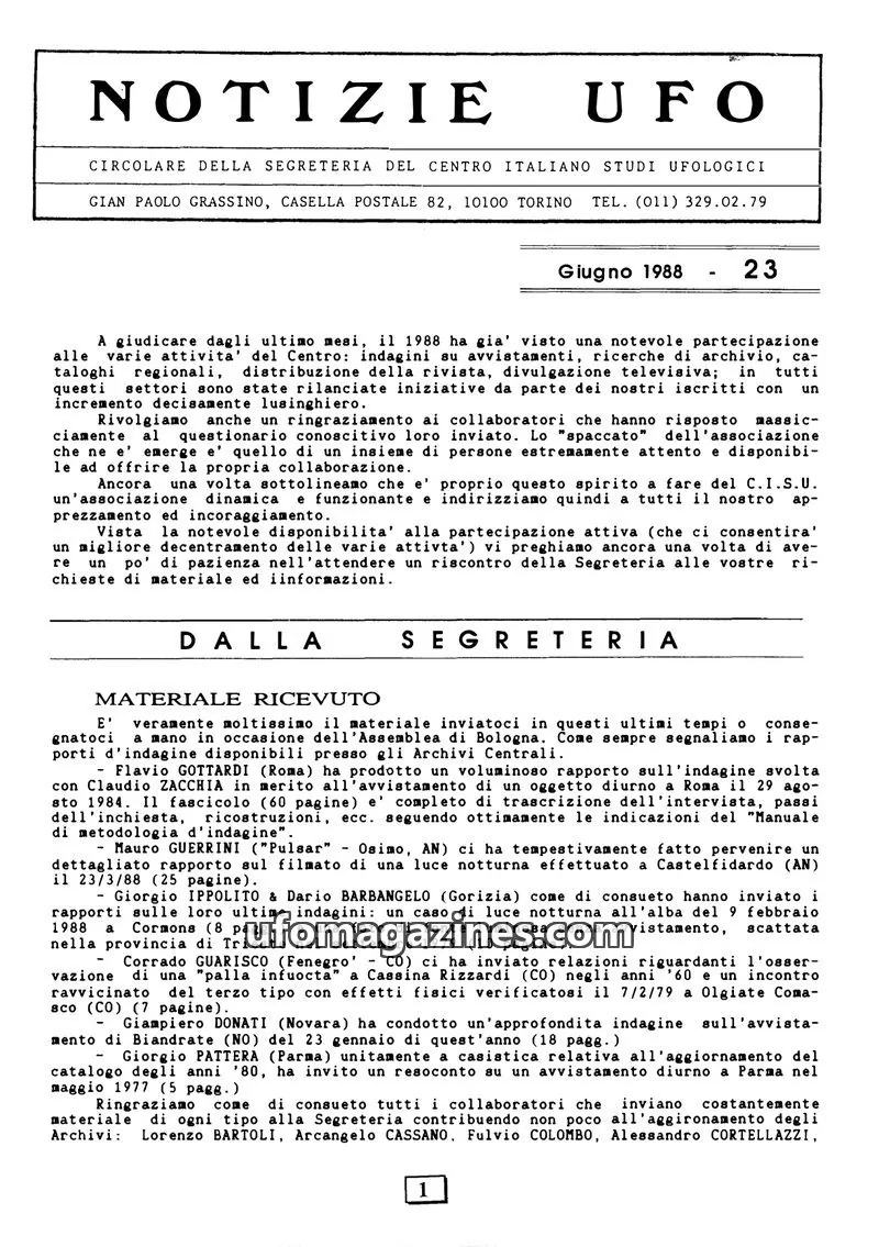 Cover of Notizie UFO (CISU) issue 23: NOTIZIE UFO