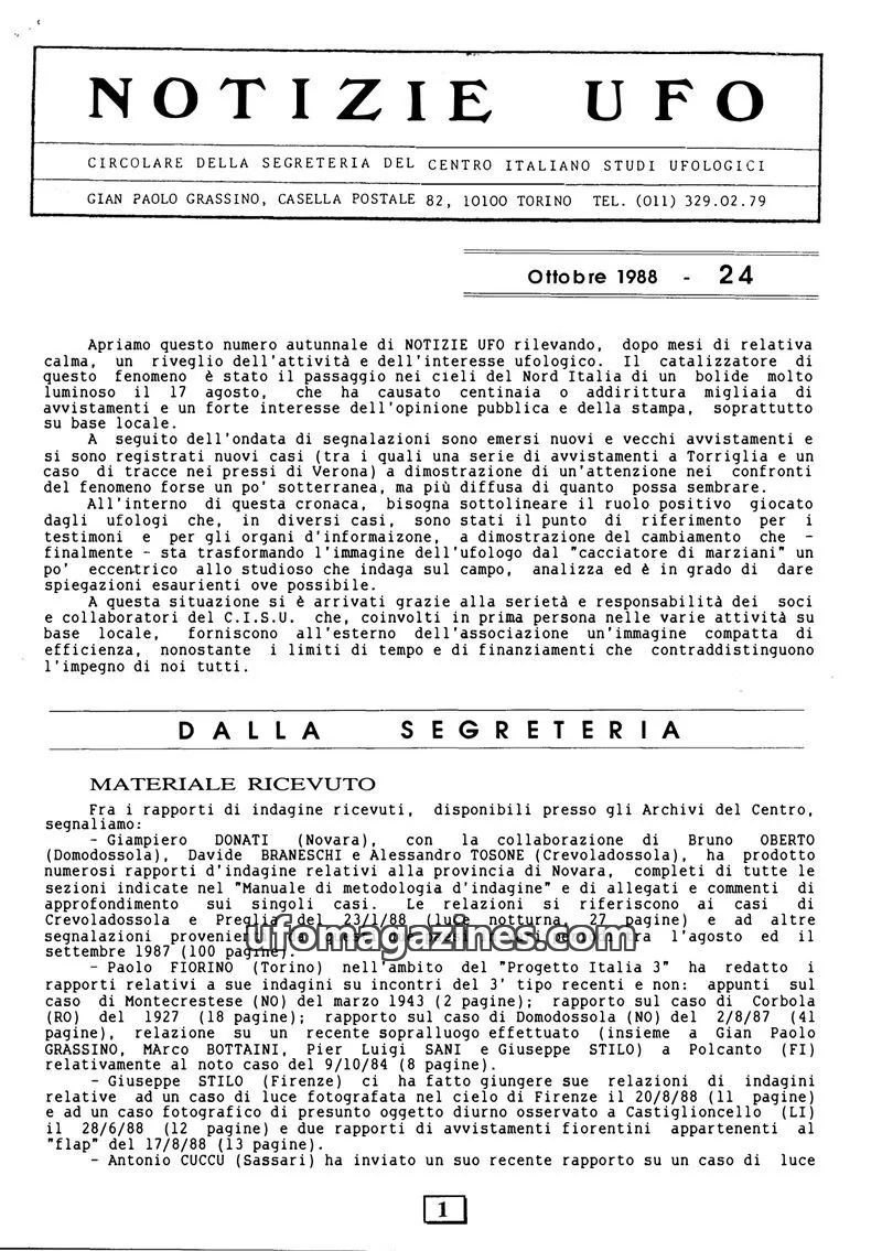 Cover of Notizie UFO (CISU) issue 24: NOTIZIE UFO
