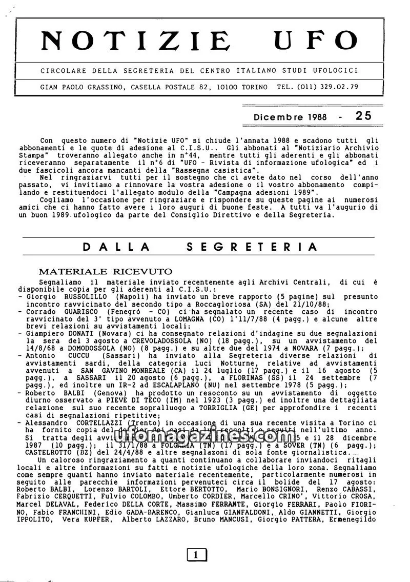 Cover of Notizie UFO (CISU) issue 25: NOTIZIE UFO