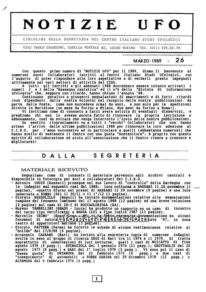 Cover of Notizie UFO (CISU) issue 26: NOTIZIE UFO
