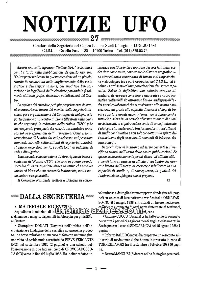 Cover of Notizie UFO (CISU) issue 27: NOTIZIE UFO