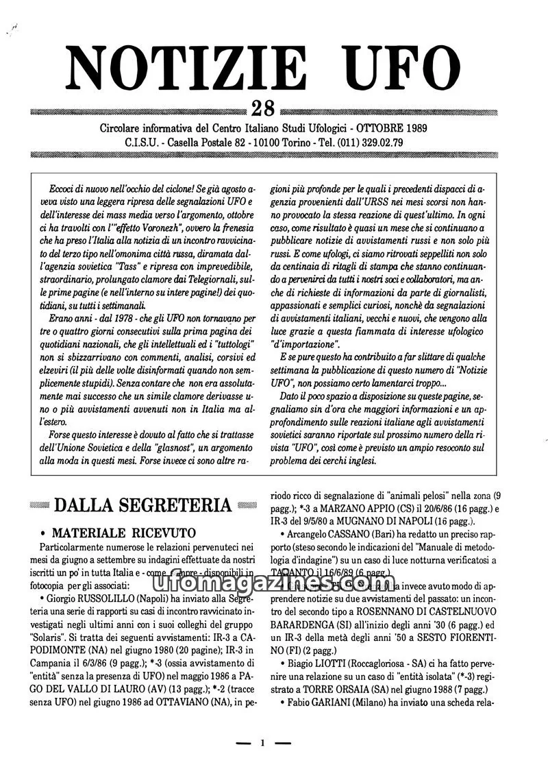 Cover of Notizie UFO (CISU) issue 28: NOTIZIE UFO