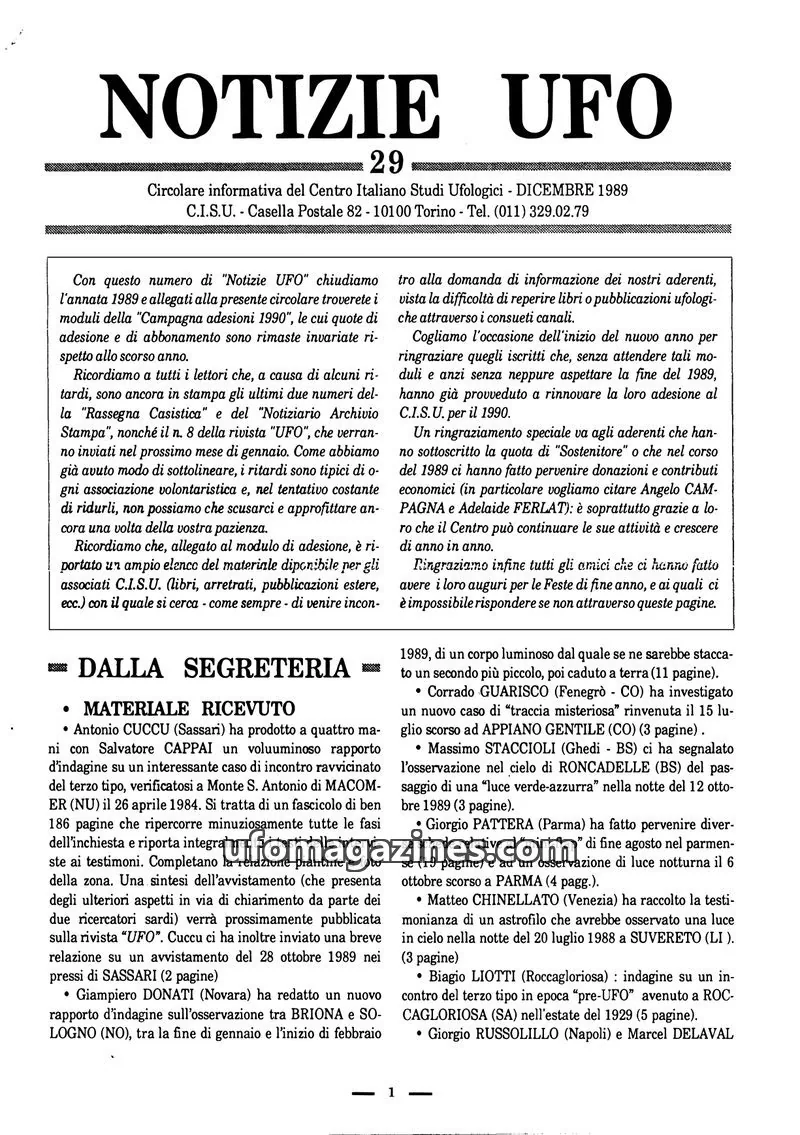 Cover of Notizie UFO (CISU) issue 29: NOTIZIE UFO