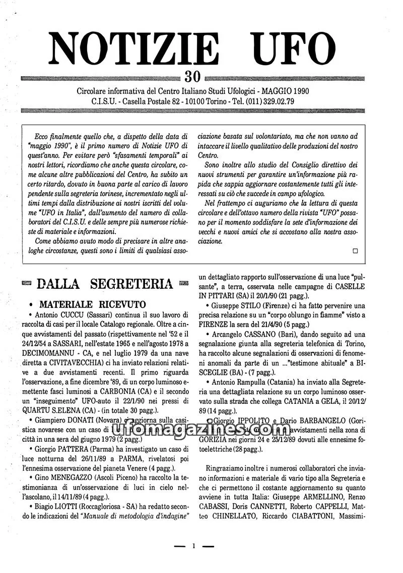 Cover of Notizie UFO (CISU) issue 30: NOTIZIE UFO
