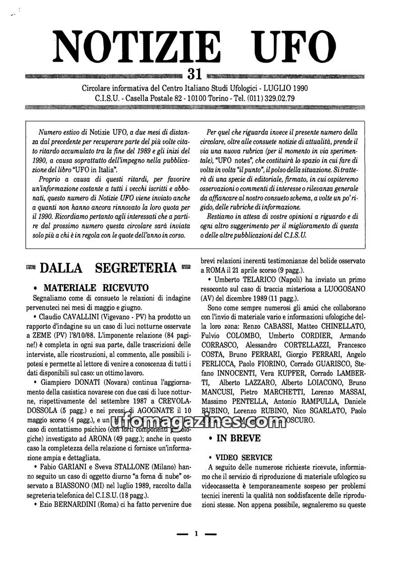 Cover of Notizie UFO (CISU) issue 31: NOTIZIE UFO