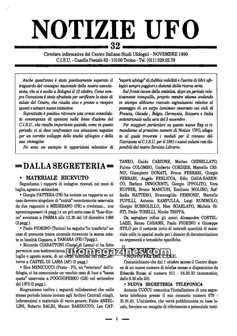 Cover of Notizie UFO (CISU) issue 32: NOTIZIE UFO