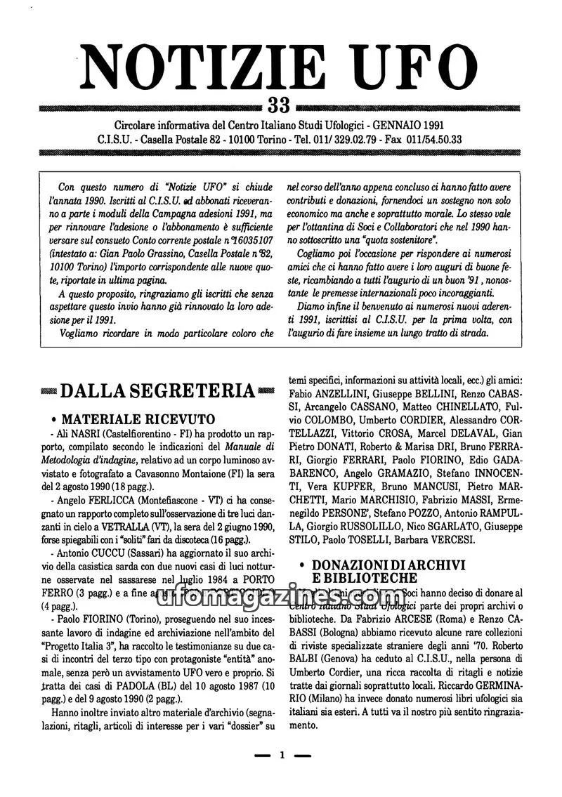 Cover of Notizie UFO (CISU) issue 33: NOTIZIE UFO