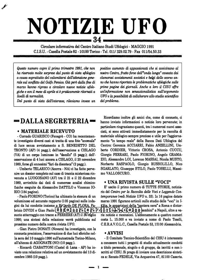 Cover of Notizie UFO (CISU) issue 34: NOTIZIE UFO