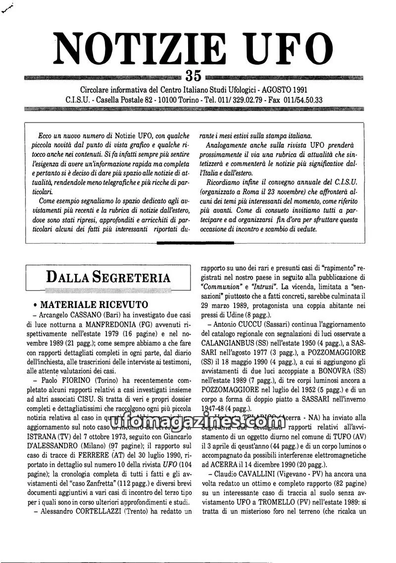 Cover of Notizie UFO (CISU) issue 35: NOTIZIE UFO