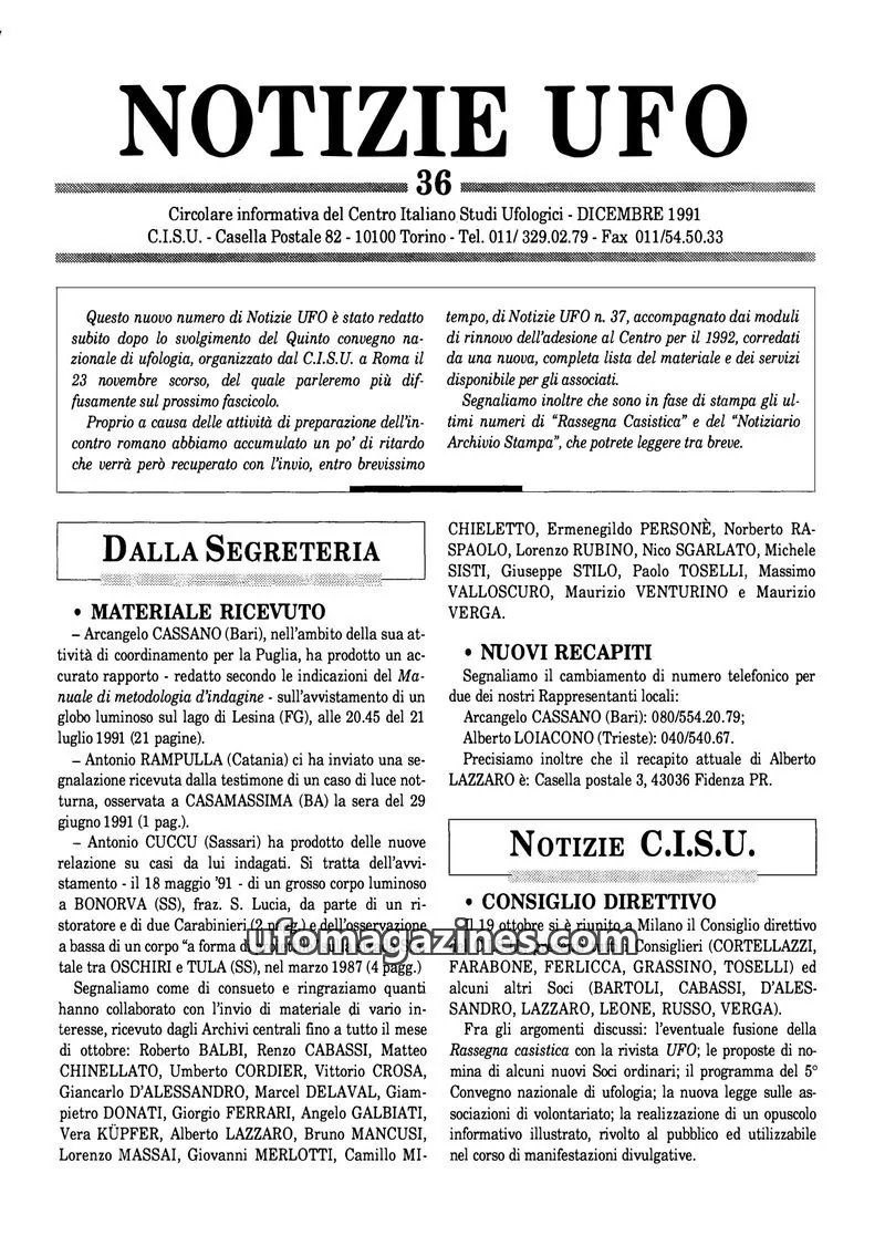Cover of Notizie UFO (CISU) issue 36: NOTIZIE UFO