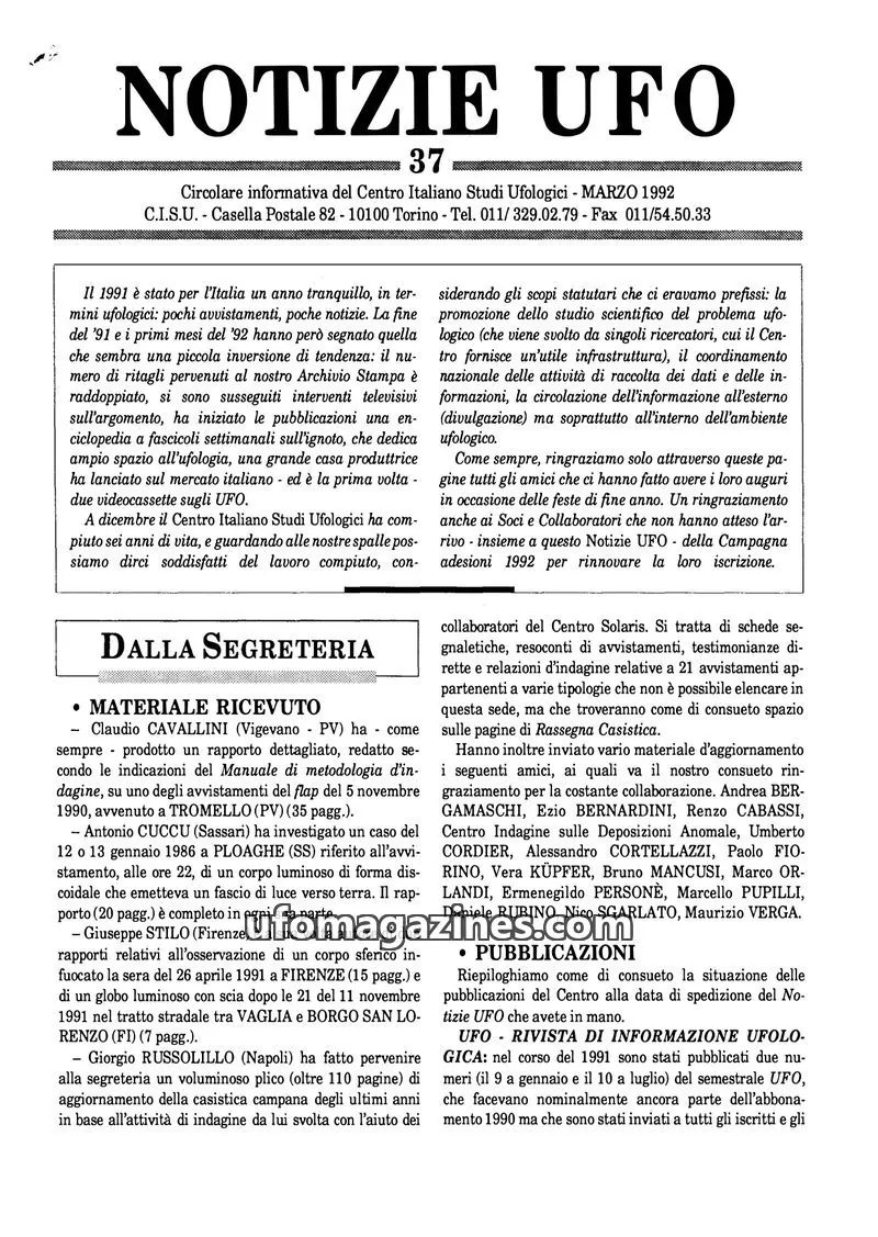 Cover of Notizie UFO (CISU) issue 37: NOTIZIE UFO