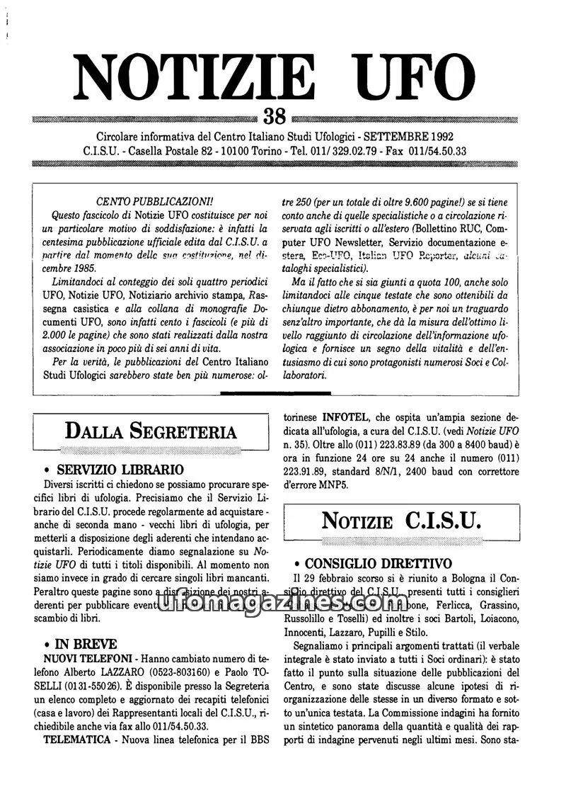 Cover of Notizie UFO (CISU) issue 38: NOTIZIE UFO