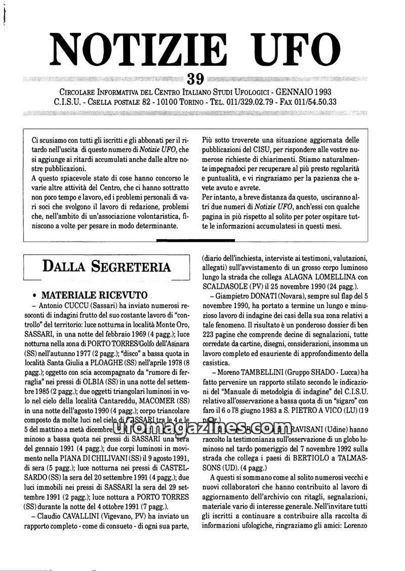 Cover of Notizie UFO (CISU) issue 39: NOTIZIE UFO