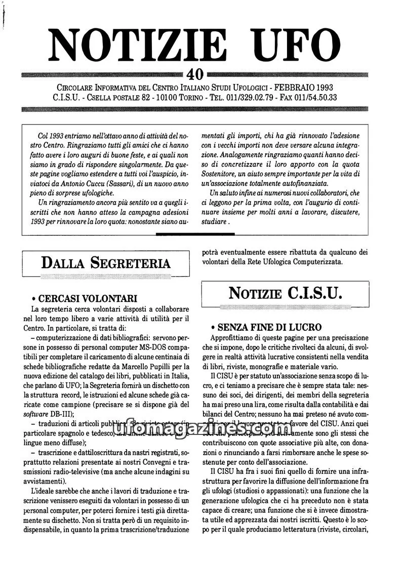 Cover of Notizie UFO (CISU) issue 40: NOTIZIE UFO