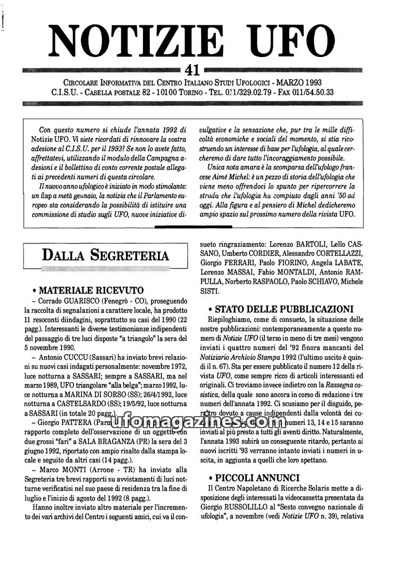 Cover of Notizie UFO (CISU) issue 41: NOTIZIE UFO