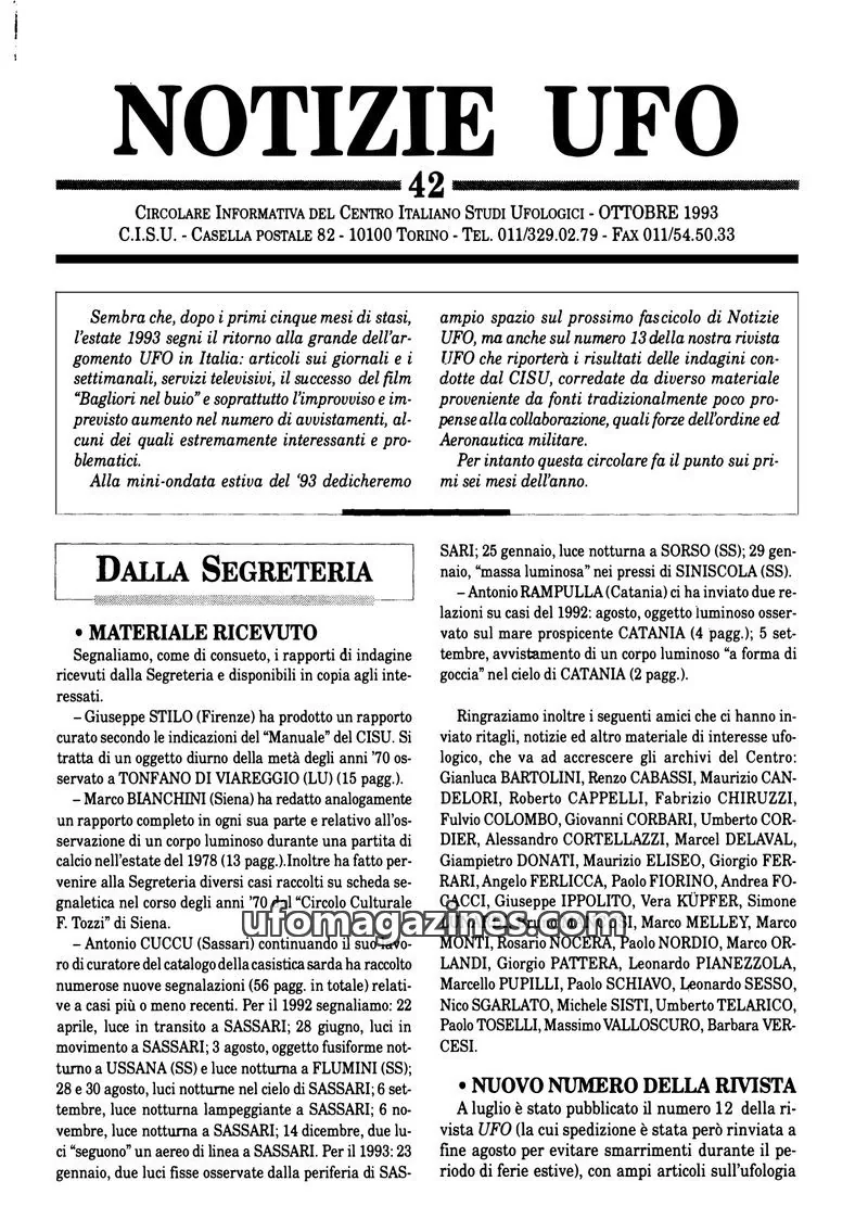 Cover of Notizie UFO (CISU) issue 42: NOTIZIE UFO