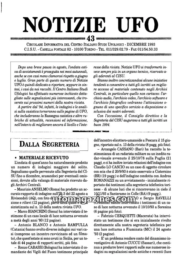 Cover of Notizie UFO (CISU) issue 43: NOTIZIE UFO