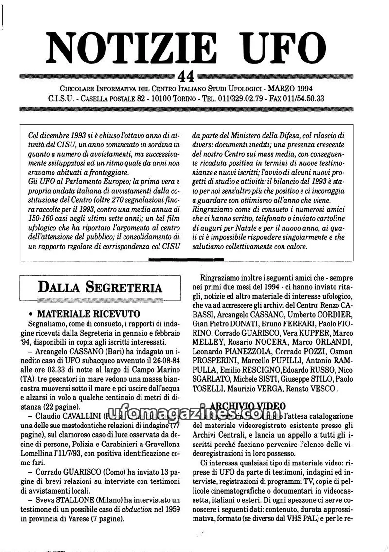 Cover of Notizie UFO (CISU) issue 44: NOTIZIE UFO