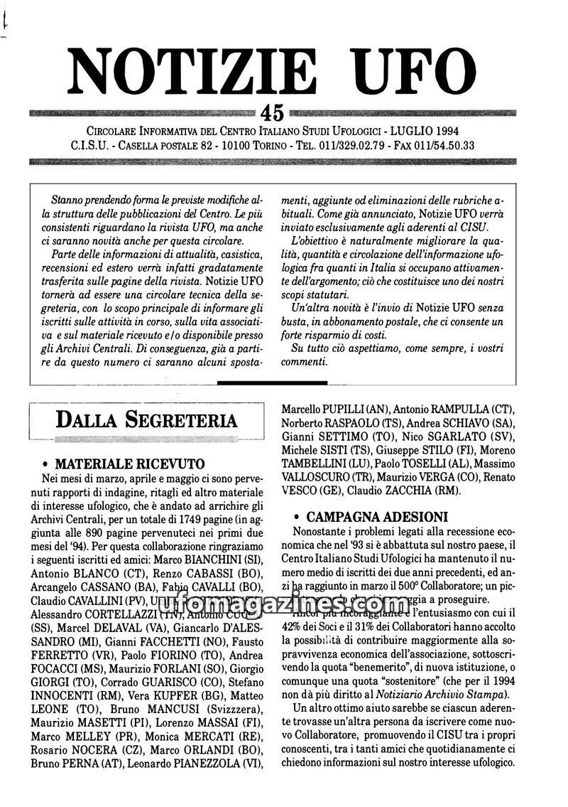 Cover of Notizie UFO (CISU) issue 45: NOTIZIE UFO