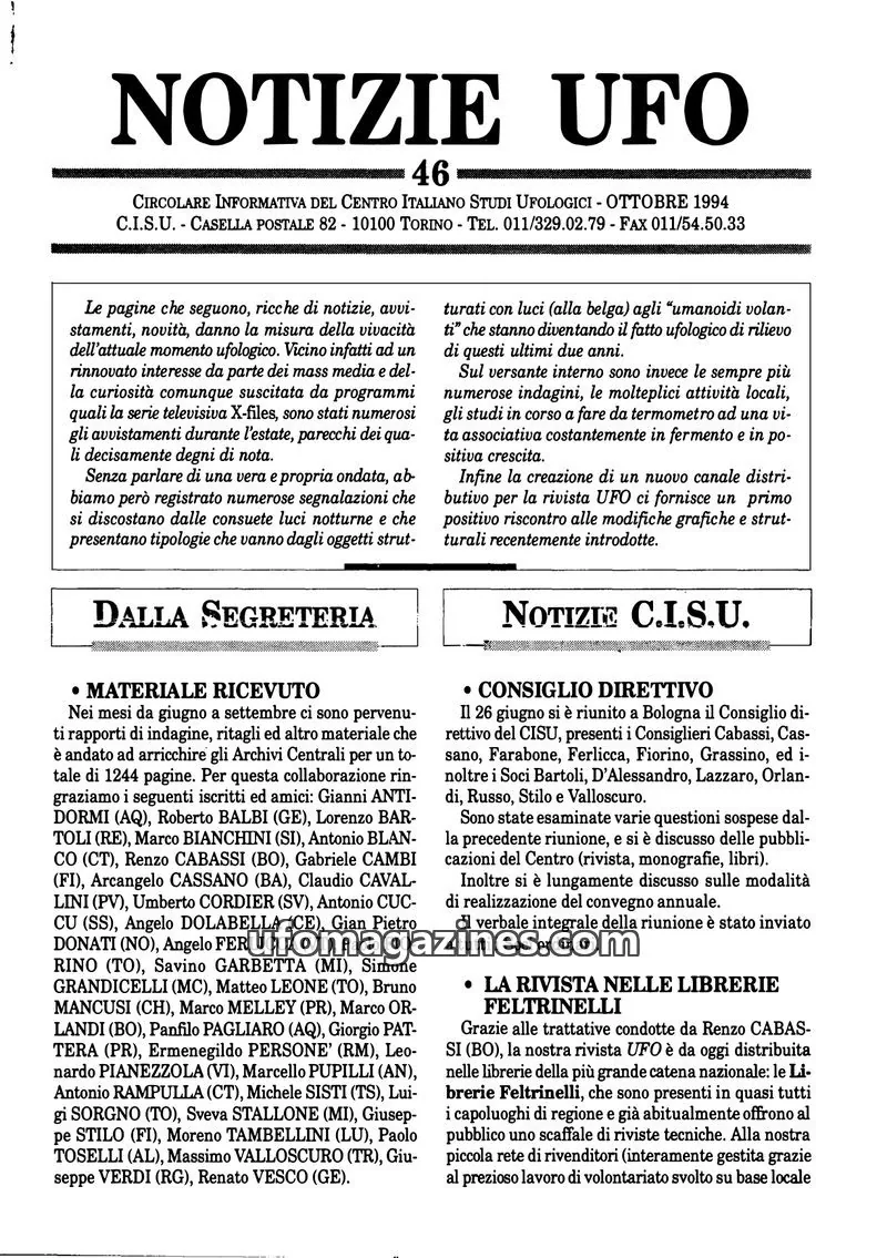 Cover of Notizie UFO (CISU) issue 46: NOTIZIE UFO