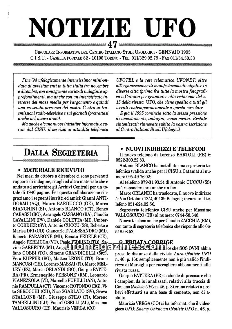 Cover of Notizie UFO (CISU) issue 47: NOTIZIE UFO