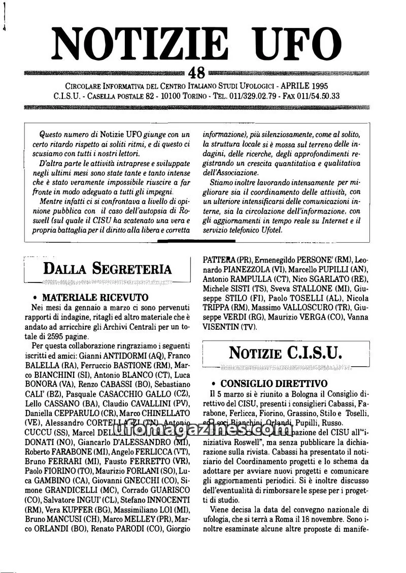 Cover of Notizie UFO (CISU) issue 48: NOTIZIE UFO