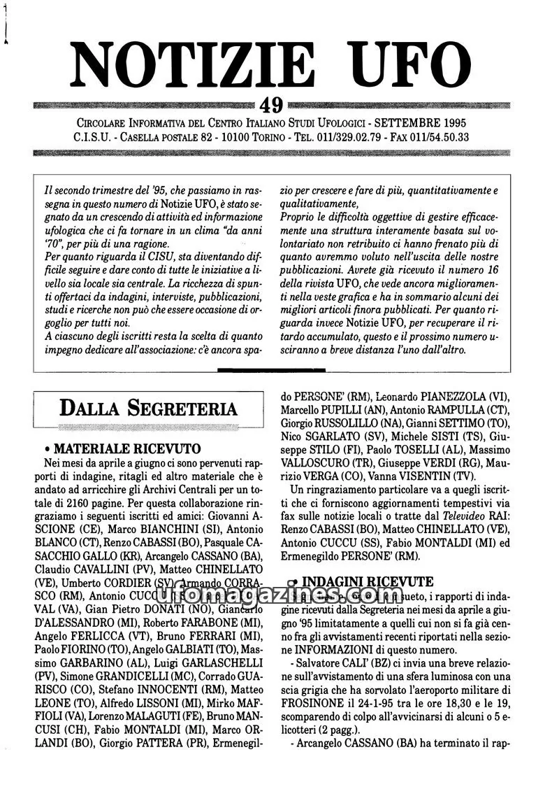 Cover of Notizie UFO (CISU) issue 49: NOTIZIE UFO