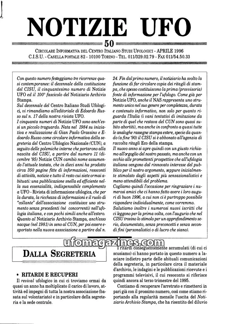 Cover of Notizie UFO (CISU) issue 50: NOTIZIE UFO