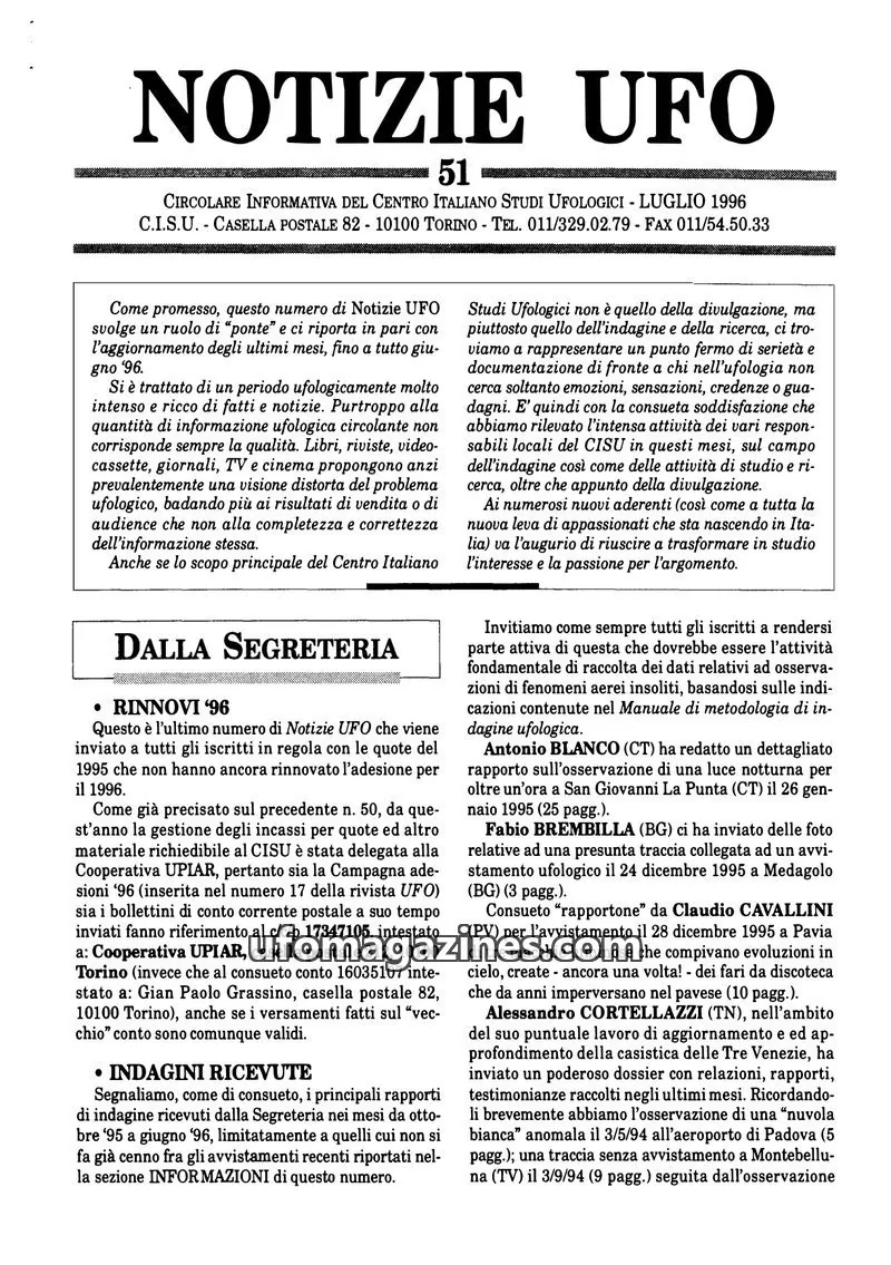 Cover of Notizie UFO (CISU) issue 51: NOTIZIE UFO