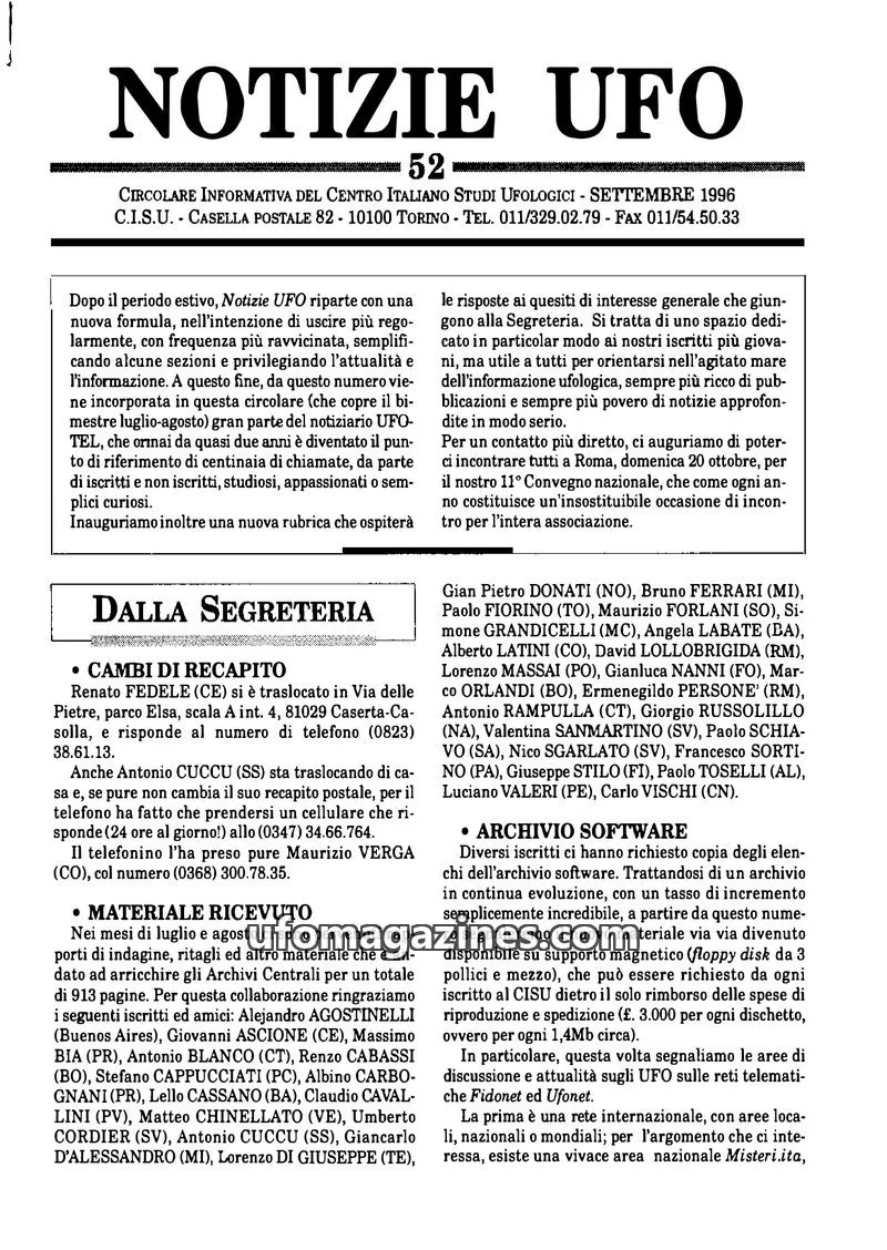 Cover of Notizie UFO (CISU) issue 52: NOTIZIE UFO