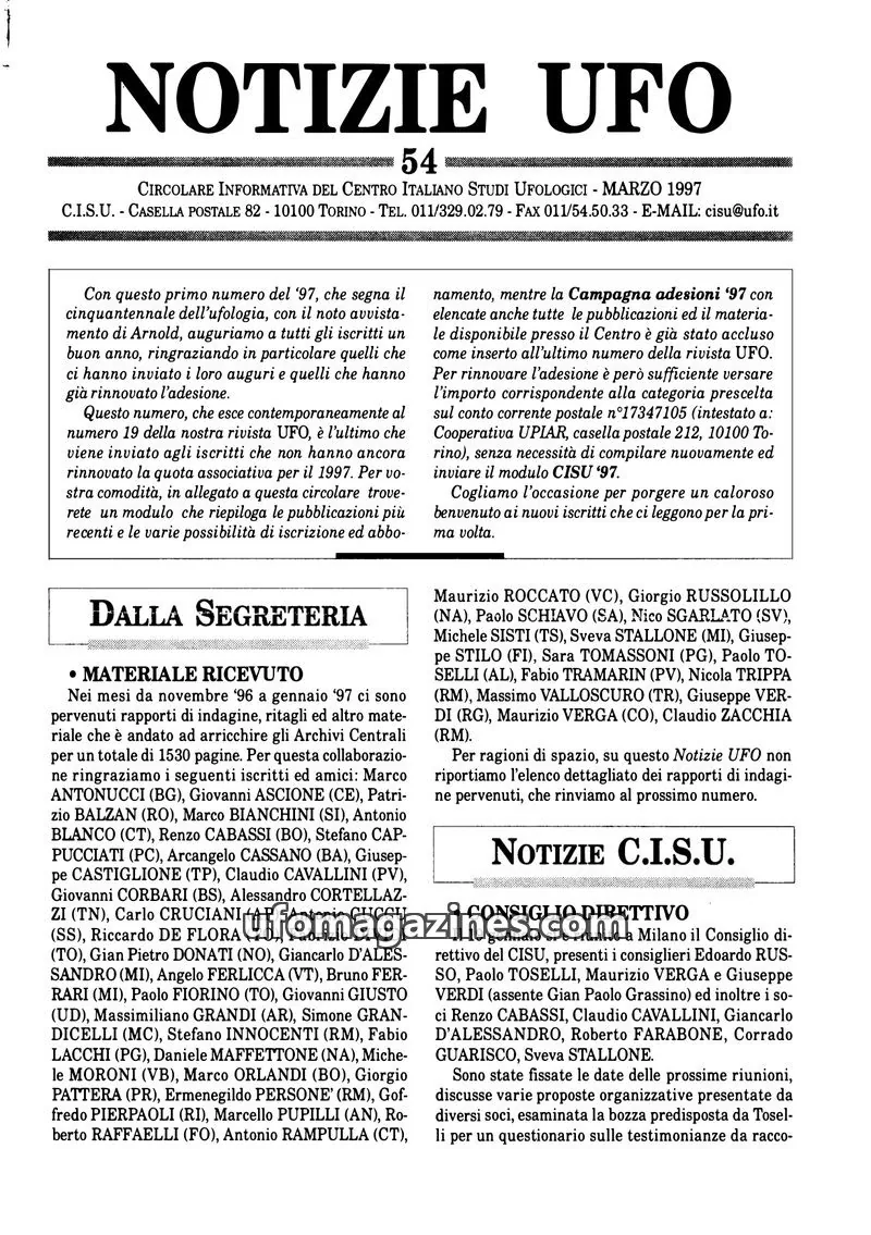Cover of Notizie UFO (CISU) issue 54: NOTIZIE UFO