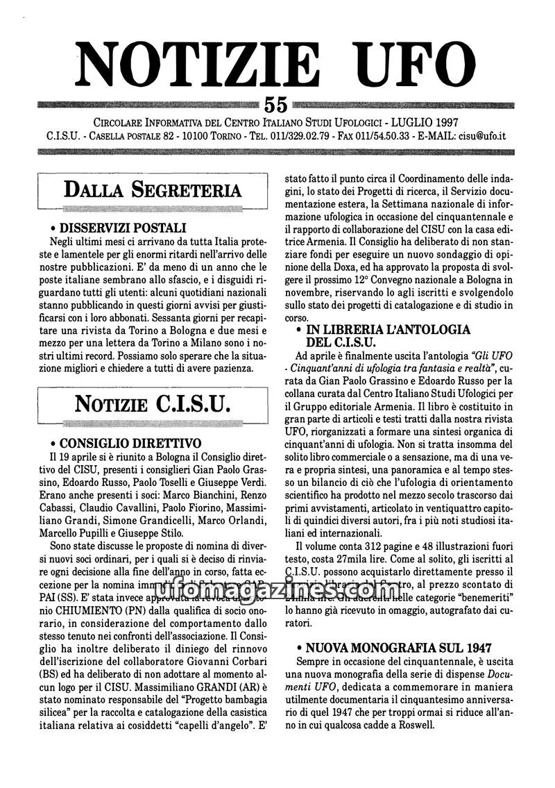 Cover of Notizie UFO (CISU) issue 55: NOTIZIE UFO