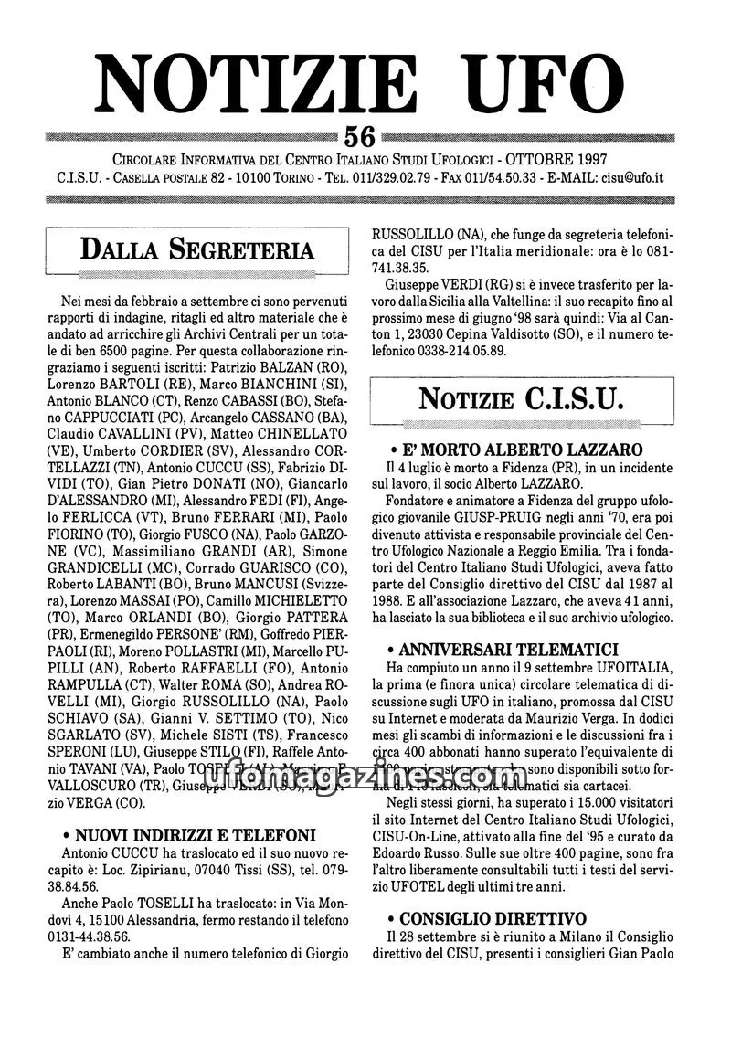 Cover of Notizie UFO (CISU) issue 56: NOTIZIE UFO