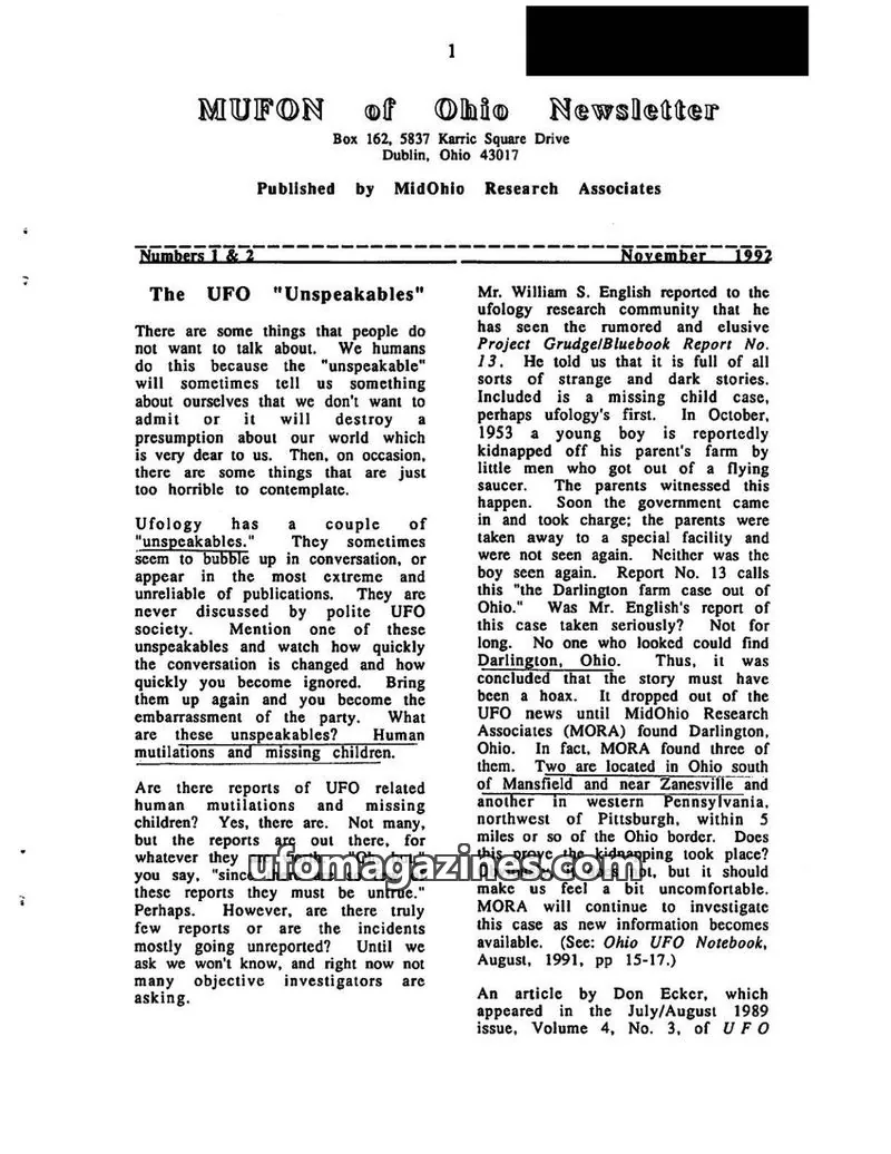 Cover of Ohio UFO Notebook issue Numbers 1 & 2: MUFON of Ohio Newsletter
