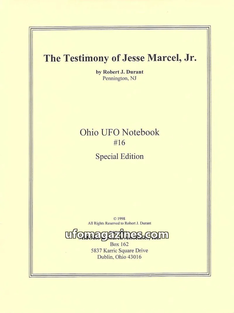 Cover of Ohio UFO Notebook issue #16: The Testimony of Jesse Marcel, Jr.