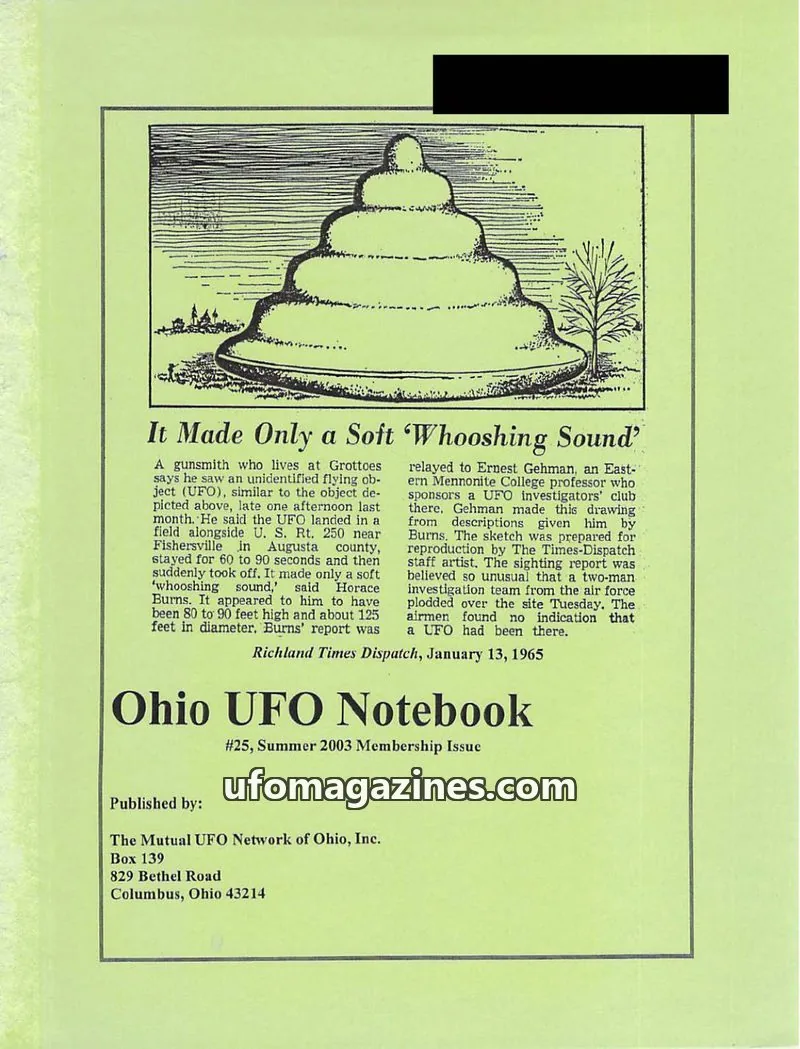 Cover of The Mutual UFO Network of Ohio, Inc. issue #25, Summer 2003 Membership Issue: Ohio UFO Notebook