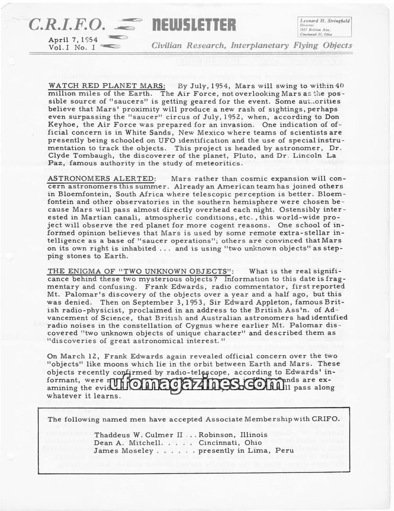 Cover of Orbit (CRIFO, Leonard Stringfield) issue Vol. I No. 1: C.R.I.F.O. NEWSLETTER