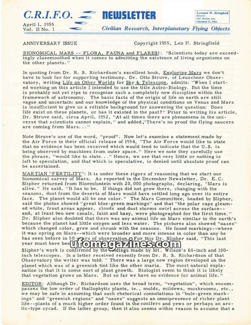 Cover of Orbit (CRIFO, Leonard Stringfield) issue Vol. II No. 1: C.R.I.F.O. NEWSLETTER