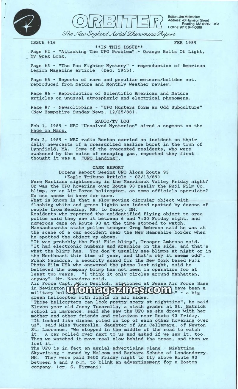Cover of Orbiter (Jim Melesciuc) issue #16: ORBITER The New England Aerial Phenomena Report