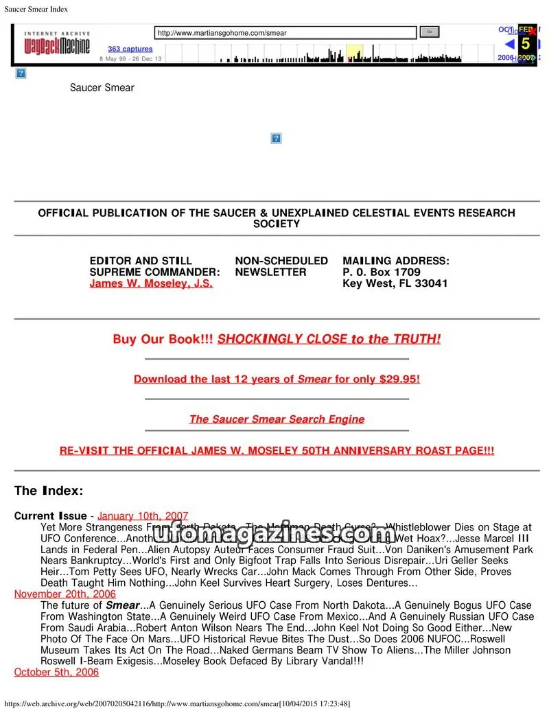 Cover of Saucer & Unexplained Celestial Events Research Society issue Current Issue: Saucer Smear