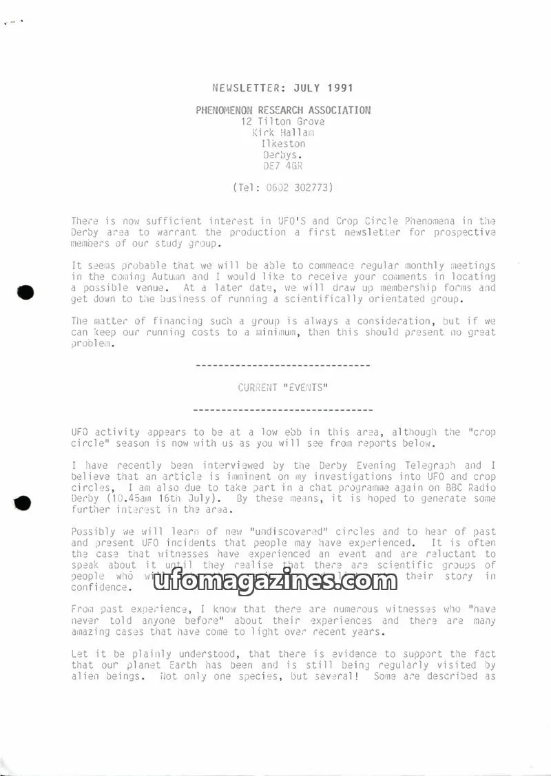 Cover of PHENOMENON RESEARCH ASSOCIATION issue JULY 1991: NEWSLETTER