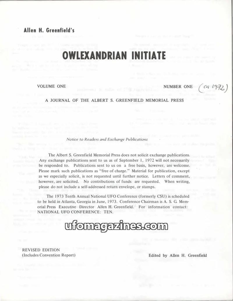 Cover of THE ALBERT S. GREENFIELD MEMORIAL PRESS issue ONE: OWLEXANDRIAN INITIATE