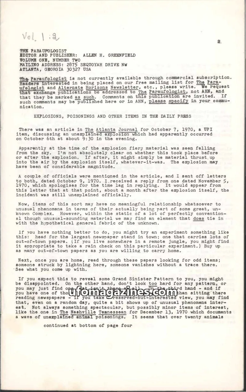 Cover of Paraufologist, The (Allen Greenfield) issue Volume One, Number Two: The Paraufologist