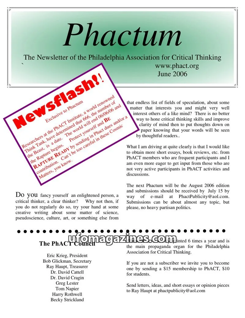Cover of Philadelphia Association for Critical Thinking issue June 2006: Phactum